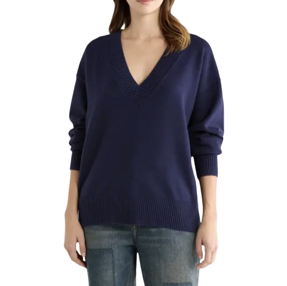 Rachel Zoe‎ Womens Navy Blue Ribbed V-Neck Oversized Pullover Sweater XL